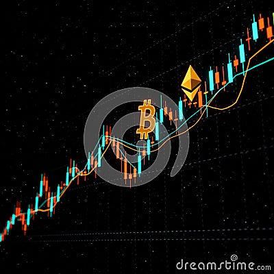 AI Generated Image of Bitcoin and Ethereum Trading Chart with Candlesticks and Line Graphs Stock Photo
