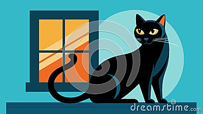 A sleek black cat with a bionic tail playfully swishing it around as it lounges on a sunny windowsill.. Vector Vector Illustration