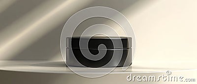 A sleek black cosmetics container rests on a smooth surface, illuminated by gentle shadows creating a minimalist Stock Photo