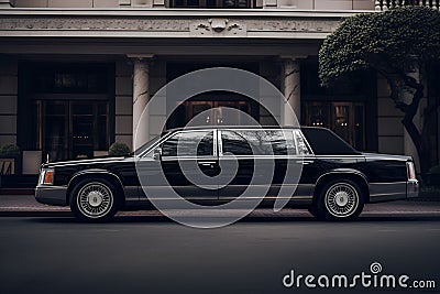 A sleek black limousine parked in front of a luxury hotel, ready to whisk away VIP guests. Stock Photo