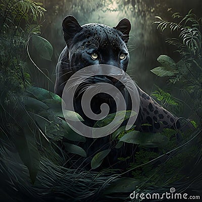 Sleek black panther in dark dramatic jungle (generative AI) Stock Photo