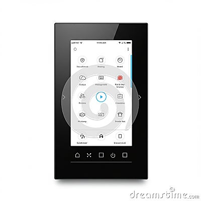 A sleek, black touchscreen device displaying a user interface with various icons Stock Photo