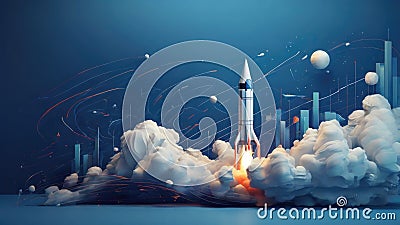 A sleek blue background with an abstract chart and a rocket launch, portraying the boundless potential and achievement Stock Photo