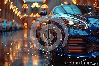 A sleek blue sports car parked on a wet city street at night Stock Photo