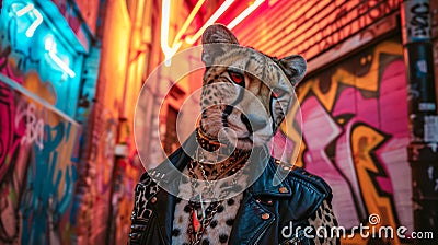 Sleek cheetah adorned with tribal tattoos, wearing a leather jacket Stock Photo