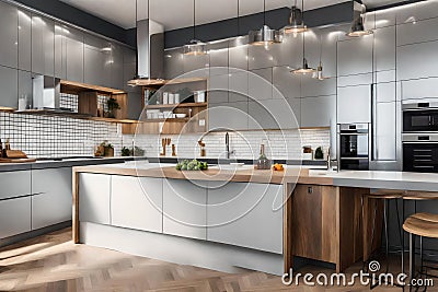 A sleek and clutter-free modern kitchen with clean lines and minimalist cabinetry, 3d render Stock Photo