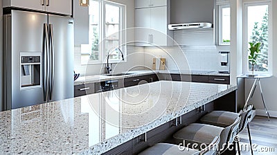 Sleek Contemporary Kitchen with Reflective Granite Countertops and Modern Bar Stools Stock Photo