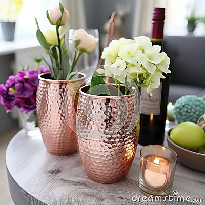 Sleek copper tumblers with hammered texture on marble surface Stock Photo