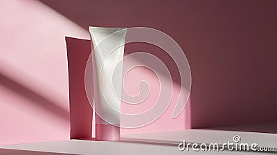 Sleek cosmetic tube on geometric backdrop, minimalist elegance Stock Photo