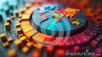 A sleek 3D pie chart displaying the distribution of imports and exports a different regions of the world. Each slice of Stock Photo