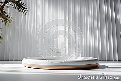 Sleek 3D white room, lifelike whitewood cylinder podium, palm-shadowed minimal scene showcase. Stock Photo