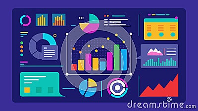 The sleek data analytics dashboard features a multitude of vibrant graphs and charts providing a realtime display of key Vector Illustration