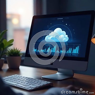Sleek desktop with cloud data analytics visualized, development, digital, dashboard Stock Photo