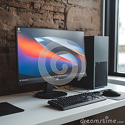 Modern Desktop Computer Setup Monitor, Keyboard, Mouse, Tower Stock Photo
