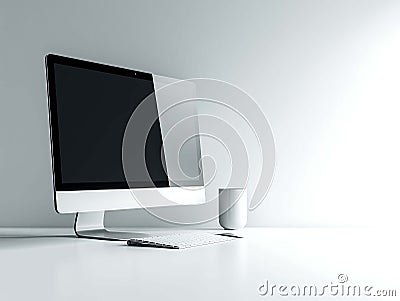Sleek desktop setup Modern allinone computer with wireless keyboard minimalist mug. Perfect for showcasing technology, workspace Stock Photo