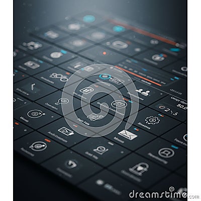 A sleek digital interface displaying a grid of dark, rectangular tiles, each featuring Stock Photo
