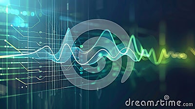 A sleek digital visualization of audio waveforms, with undulating lines and dots against a dark backdrop, embodying the Stock Photo