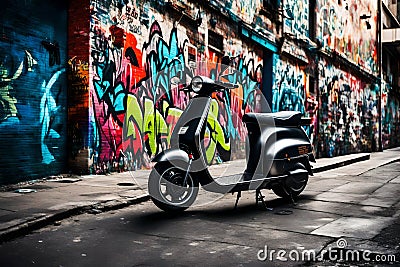 A sleek, electric scooter parked against a graffiti-covered wall in an urban alley Stock Photo