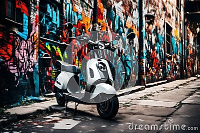 A sleek, electric scooter parked against a graffiti-covered wall in an urban alley Stock Photo