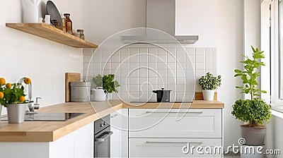 Sleek Elegance. Silver Cooker Hood in Minimalist White Kitchen with Natural Touches Stock Photo
