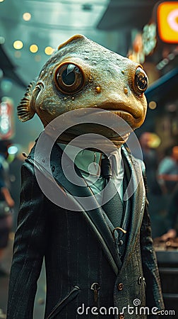 Sleek fish swims through the city currents, adorned in tailored elegance, a piscine ambassador of street style Stock Photo