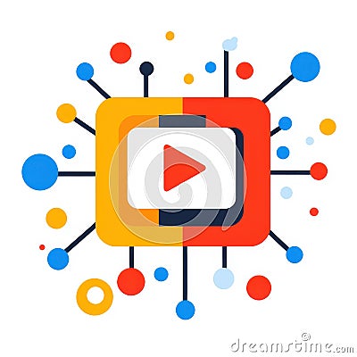 A sleek flat icon, merging a play button with a neural network, showcases modern design and innovation in video and AI Stock Photo