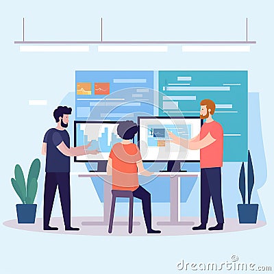 Collaborative Software Engineers Team in Modern Open Office, Flat Illustration, Cool Colors Cartoon Illustration