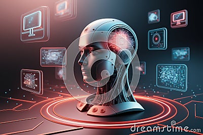 Futuristic Robotic Head with Neural Networks and AI Learning Flow Stock Photo