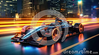 Sleek Futuristic Formula 1 Car Speeding Through City at Night. Stock Photo