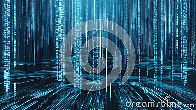 Sleek Futuristic Glowing Neon Background of Digital Cascading Falling Pixels: Flowing Data, Connectivity Network, Matrix Stock Photo
