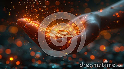 A sleek and futuristic infographic featuring a virtual hand holding an array of coins each representing a different Stock Photo