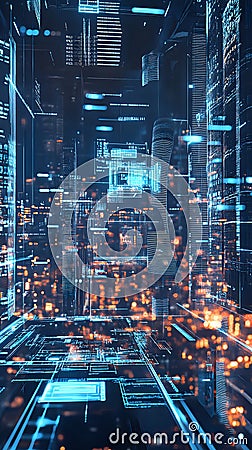 Sleek futuristic interface displaying complex data over a vibrant skyline. Technology concept Stock Photo