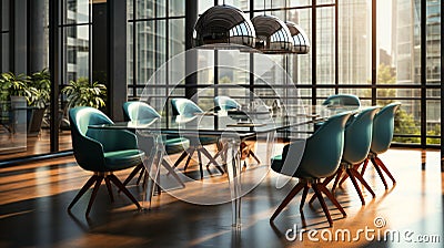 A sleek glasswalled round table conference room Stock Photo