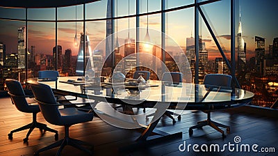 A sleek glasswalled round table conference room Stock Photo