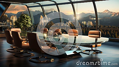 A sleek glasswalled round table conference room Stock Photo