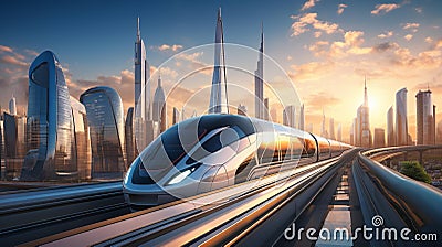 Sleek High-Speed Train Races Through Vibrant Modern Cityscape Stock Photo