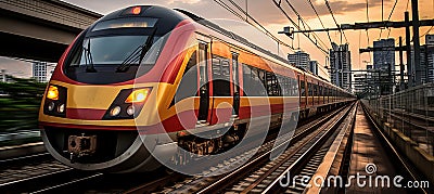 Sleek high speed train rushing on tracks, showcasing futuristic transportation technology Stock Photo