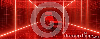 A sleek, high-tech red room with sharp, angular walls, digital grids, and pulsing red light strips Stock Photo