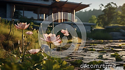 Unreal Engine 5: A Hyper-realistic House With Trees And Lotus Pond Stock Photo