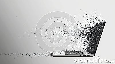A sleek laptop appears to dissolve into tiny pixel elements, creating a dynamic effect in a contemporary workspace Stock Photo