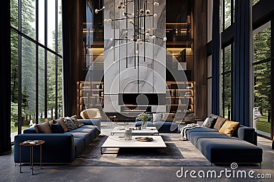 Sleek Luxury Interior with Large Windows Stock Photo