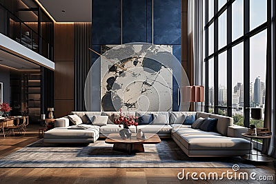 Sleek Luxury Interior with Large Windows Stock Photo
