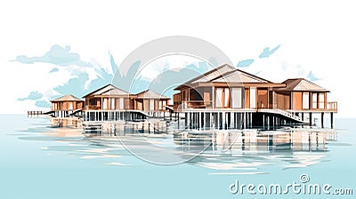 Sleek Luxury Resort with Overwater Bungalows AI Generated Cartoon Illustration