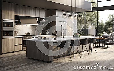 Sleek Meets Chic - A Modern Kitchen's Dance with Stainless Steel and Island Grandeur. Generative AI Stock Photo