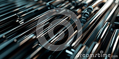 Sleek metallic rods intersecting and forming abstract structures, reflecting on a glossy black surface, 3D Stock Photo