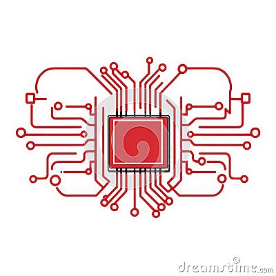 A sleek, minimal A.I. brain icon with a red outline, connecting to a CPU chip, perfect for modern UIUX design Stock Photo