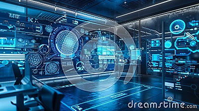 A sleek, minimalistic quantum computer setup inside a modern, hi Stock Photo
