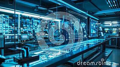 A sleek, minimalistic quantum computer setup inside a modern, hi Stock Photo