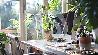 A sleek modern desk filled with biohacking tools and gadgets to optimize cognitive performance. Stock Photo