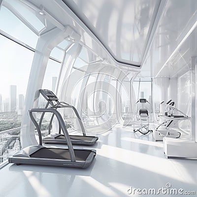 Sleek Modern Fitness Center with Futuristic Technological Light Silver Podium Stock Photo